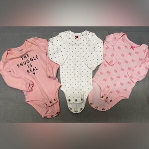 Carters NB girls onesies- lot of 3- long sleeve- red/white/pink